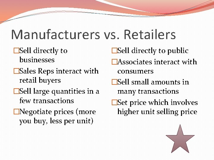 Manufacturers vs. Retailers �Sell directly to businesses �Sales Reps interact with retail buyers �Sell