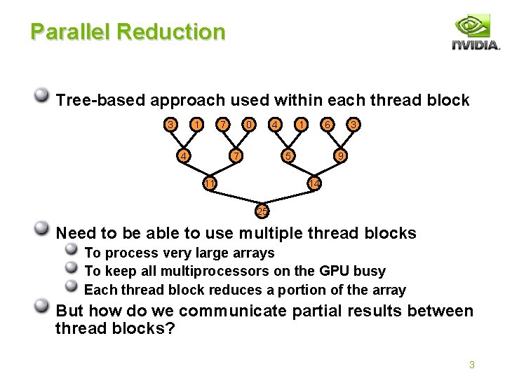 Parallel Reduction Tree-based approach used within each thread block 3 1 7 4 0