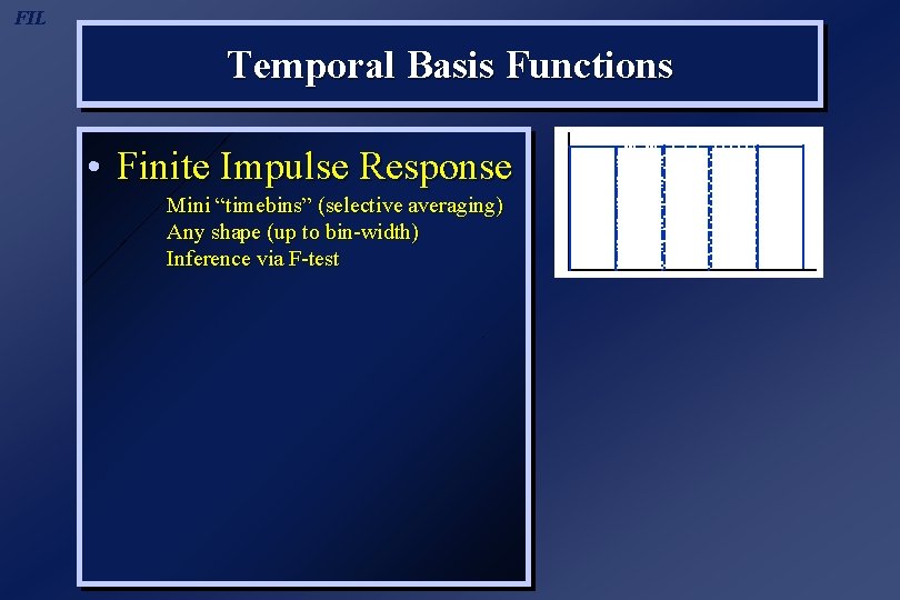 FIL Temporal Basis Functions • Finite Impulse Response Mini “timebins” (selective averaging) Any shape