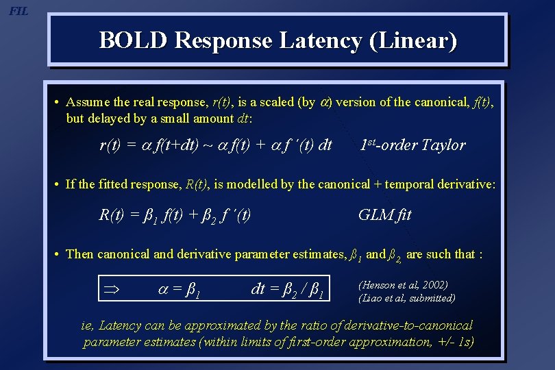 FIL BOLD Response Latency (Linear) • Assume the real response, r(t), is a scaled