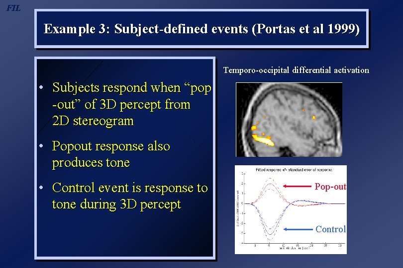 FIL Example 3: Subject-defined events (Portas et al 1999) Temporo-occipital differential activation • Subjects