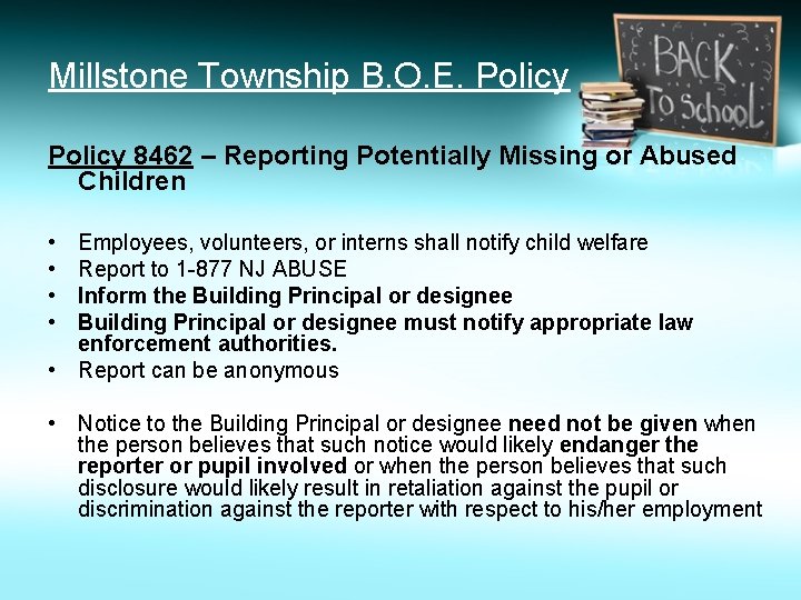 Millstone Township B. O. E. Policy 8462 – Reporting Potentially Missing or Abused Children