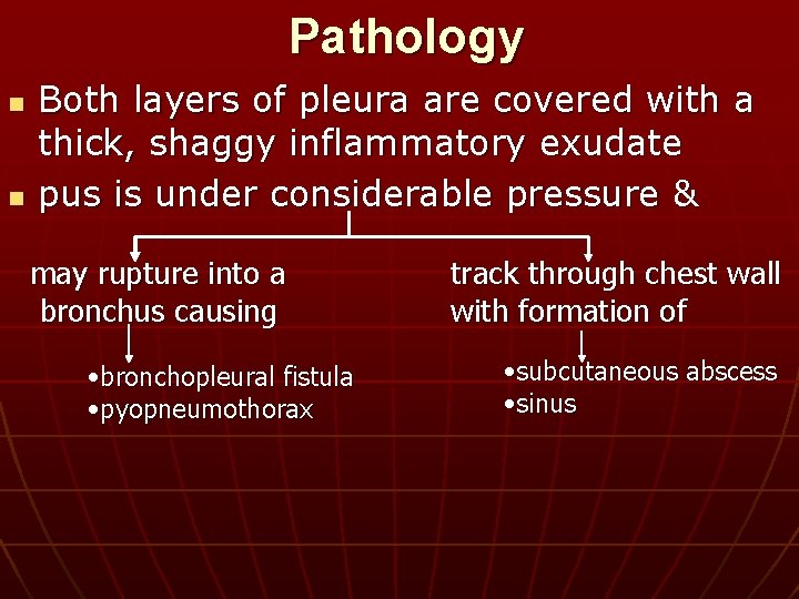 Pathology n n Both layers of pleura are covered with a thick, shaggy inflammatory