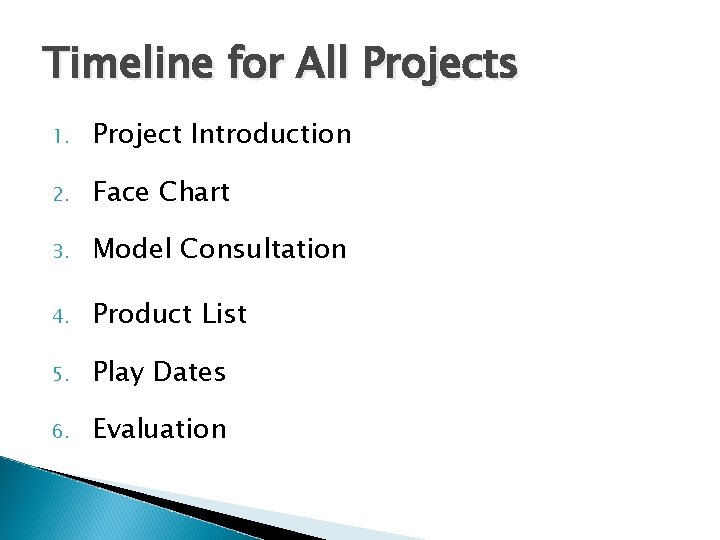 Timeline for All Projects 1. Project Introduction 2. Face Chart 3. Model Consultation 4.