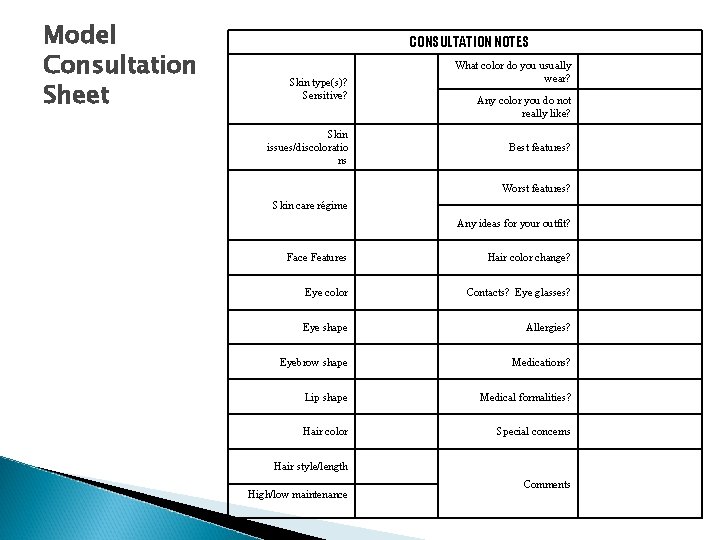 Model Consultation Sheet CONSULTATION NOTES Skin type(s)? Sensitive? Skin issues/discoloratio ns What color do