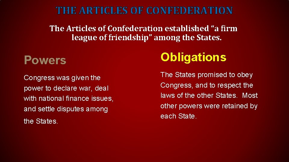 THE ARTICLES OF CONFEDERATION The Articles of Confederation established “a firm league of friendship”