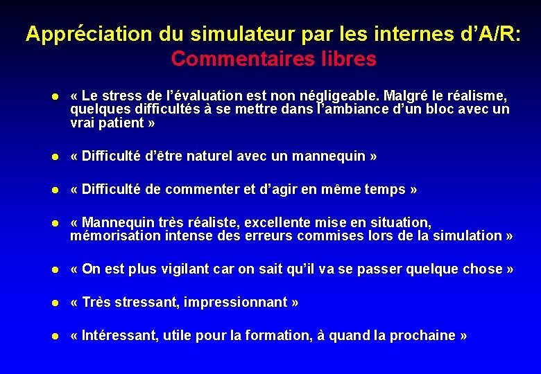 Appréciation du simulateur par les internes d’A/R: Commentaires libres l « Le stress de