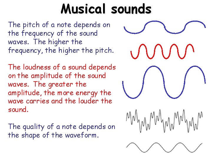 Musical sounds The pitch of a note depends on the frequency of the sound