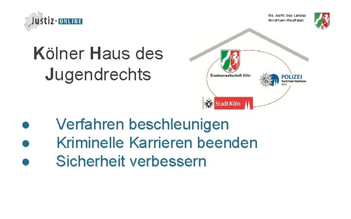 Die Justiz des Landes Nordrhein-Westfalen Kölner Haus des Jugendrechts ● ● ● Verfahren beschleunigen