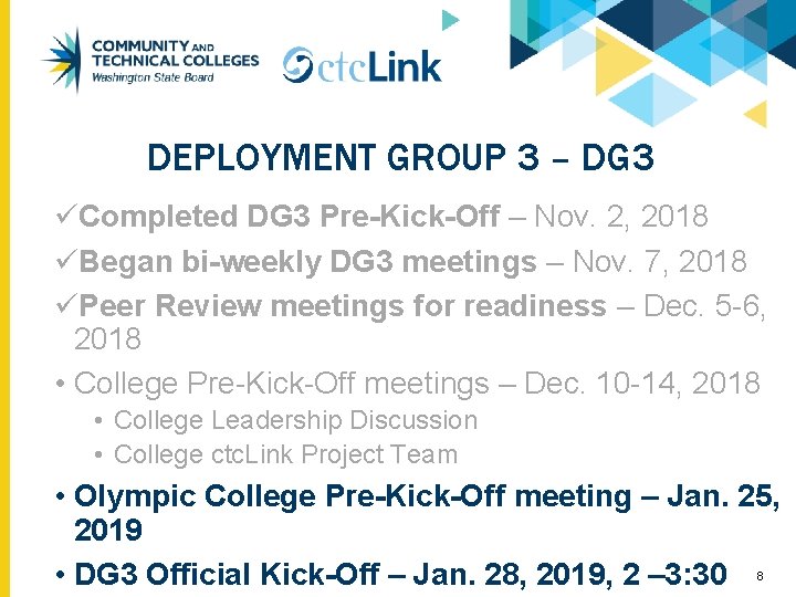 DEPLOYMENT GROUP 3 – DG 3 üCompleted DG 3 Pre-Kick-Off – Nov. 2, 2018