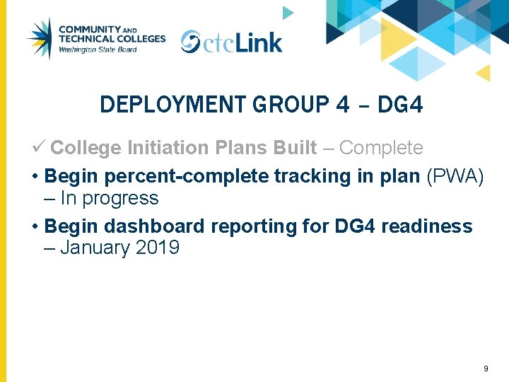 DEPLOYMENT GROUP 4 – DG 4 ü College Initiation Plans Built – Complete •
