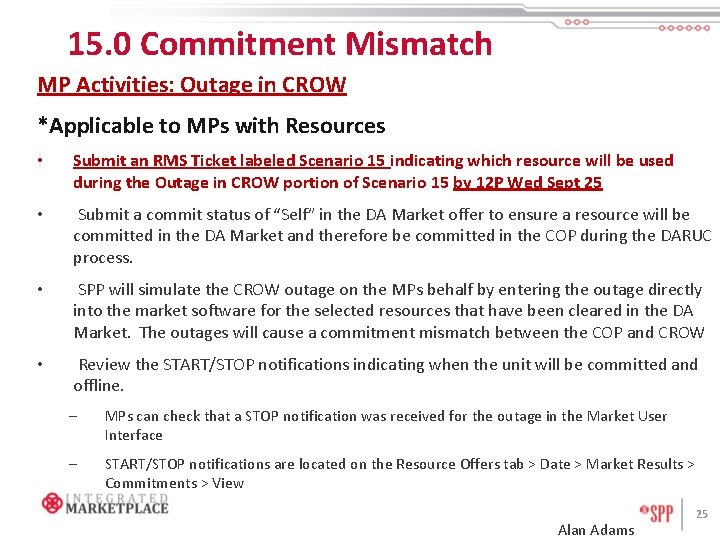 15. 0 Commitment Mismatch MP Activities: Outage in CROW *Applicable to MPs with Resources