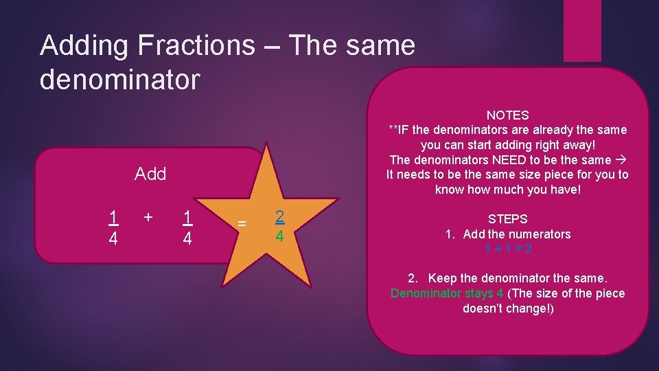 Adding Fractions – The same denominator NOTES **IF the denominators are already the same