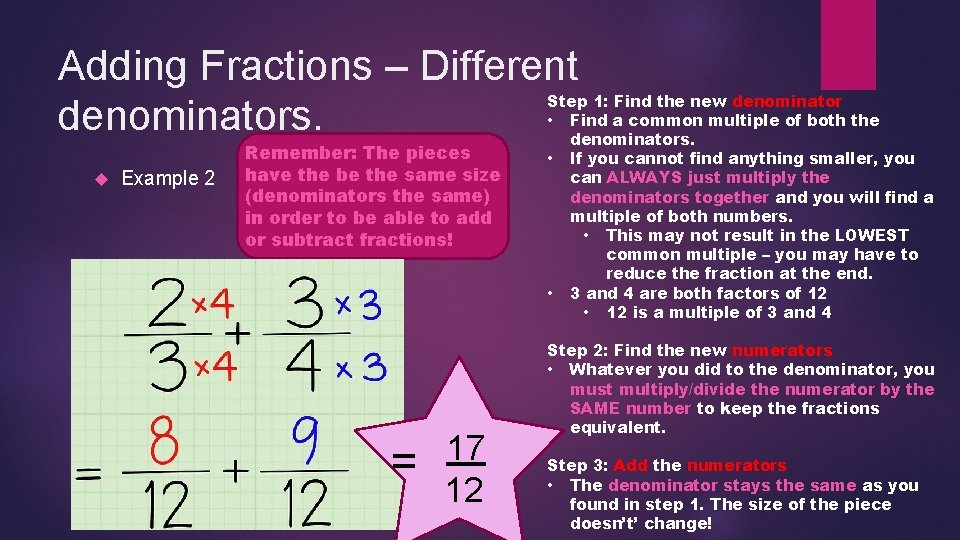 Adding Fractions – Different denominators. Example 2 Remember: The pieces have the be the