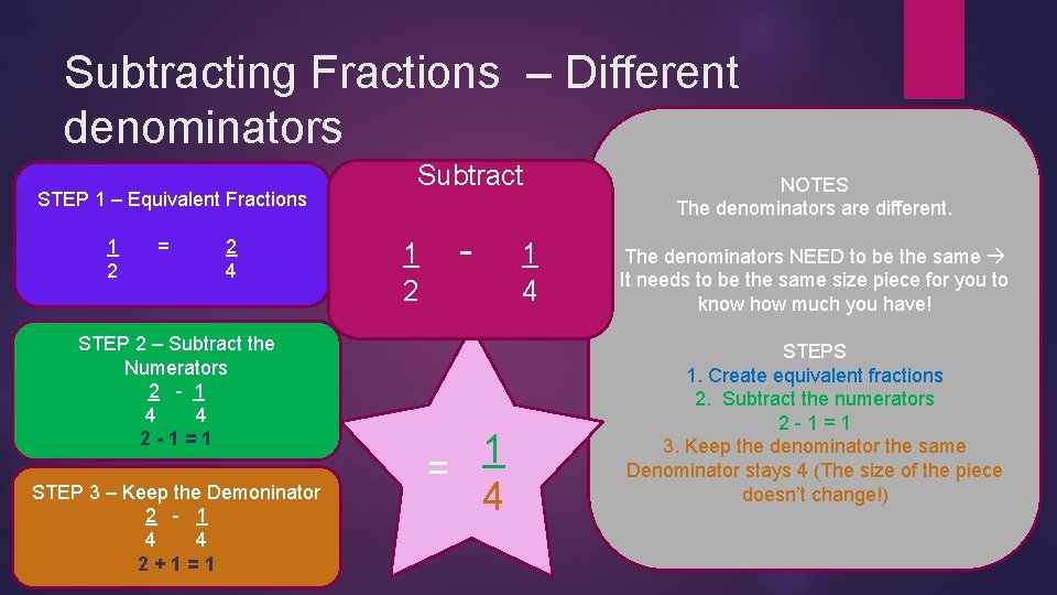 Subtracting Fractions – Different denominators STEP 1 – Equivalent Fractions 1 2 = 2