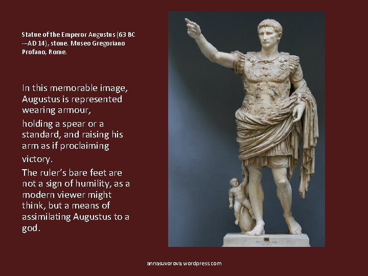 Statue of the Emperor Augustus (63 BC -–AD 14), stone. Museo Gregoriano Profano, Rome.