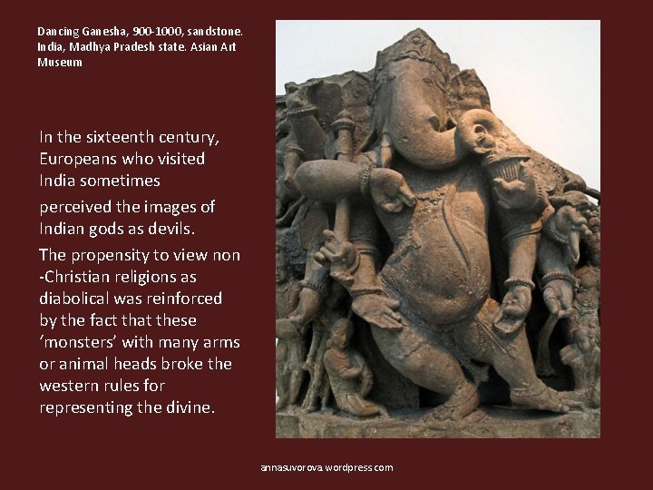 Dancing Ganesha, 900 -1000, sandstone. India, Madhya Pradesh state. Asian Art Museum In the