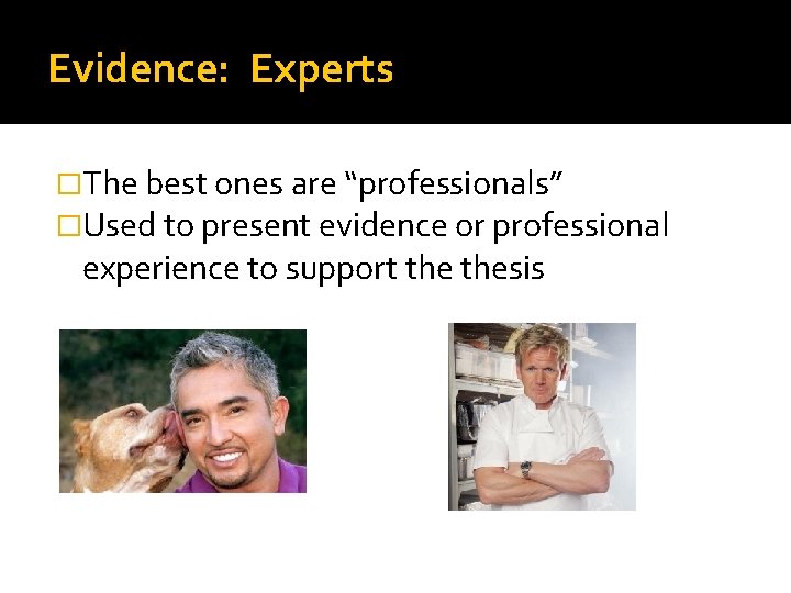 Evidence: Experts �The best ones are “professionals” �Used to present evidence or professional experience
