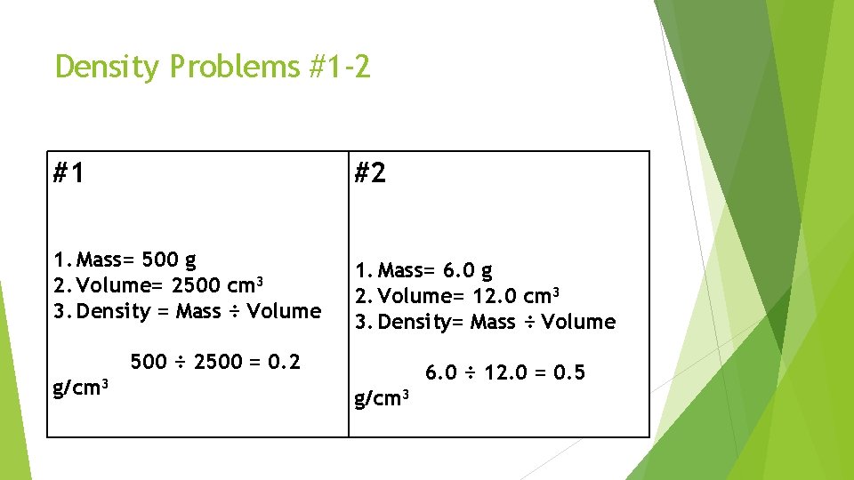 Density Problems #1 -2 #1 #2 1. Mass= 500 g 2. Volume= 2500 cm