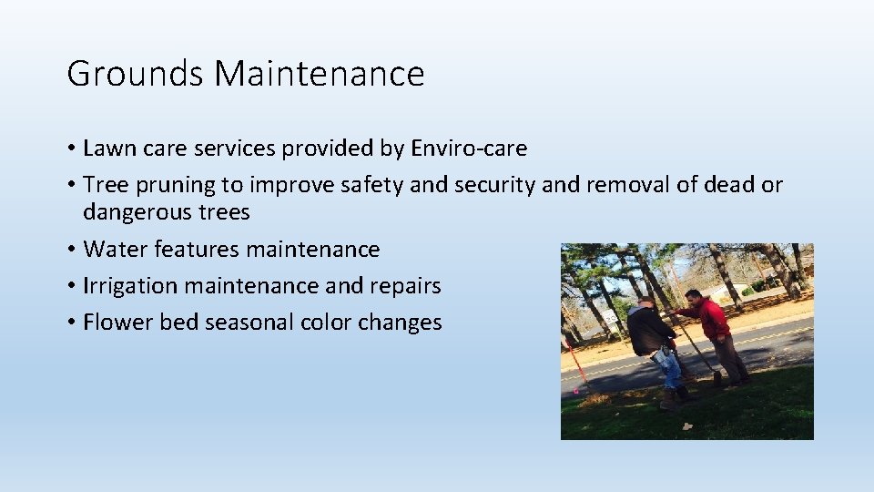 Grounds Maintenance • Lawn care services provided by Enviro-care • Tree pruning to improve