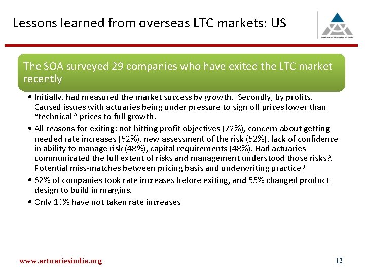Lessons learned from overseas LTC markets: US The SOA surveyed 29 companies who have
