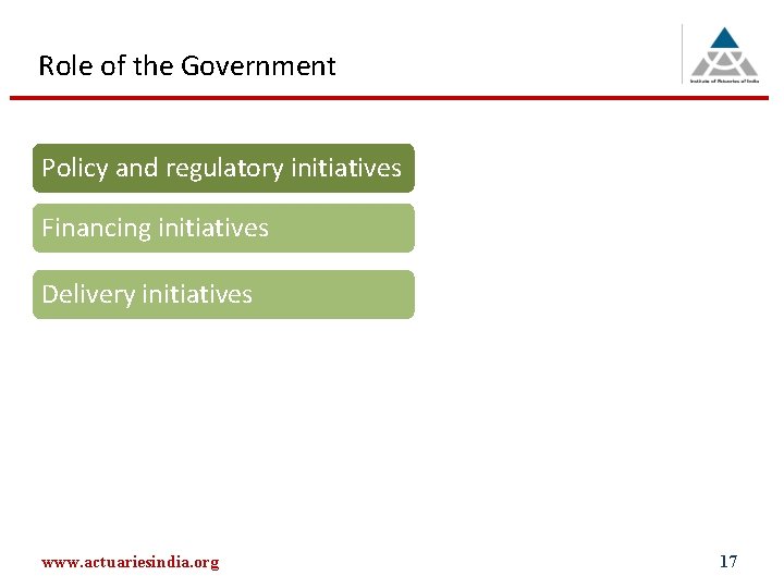 Role of the Government Policy and regulatory initiatives Financing initiatives Delivery initiatives www. actuariesindia.