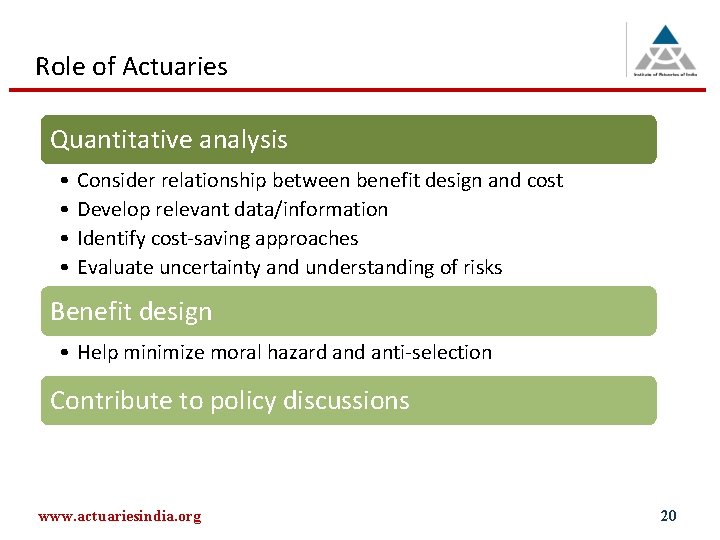 Role of Actuaries Quantitative analysis • • Consider relationship between benefit design and cost