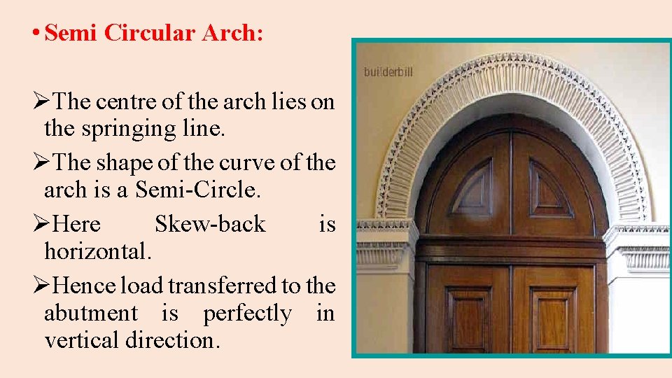  • Semi Circular Arch: ØThe centre of the arch lies on the springing