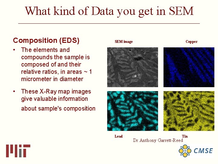 What kind of Data you get in SEM ______________________________ Composition (EDS) SEM image Copper