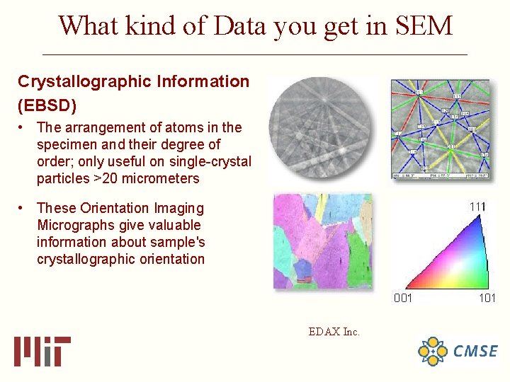 What kind of Data you get in SEM ______________________________ Crystallographic Information (EBSD) • The
