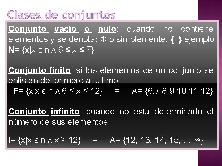 Clases de conjuntos Conjunto vacío o nulo: cuando no contiene elementos y se denota: