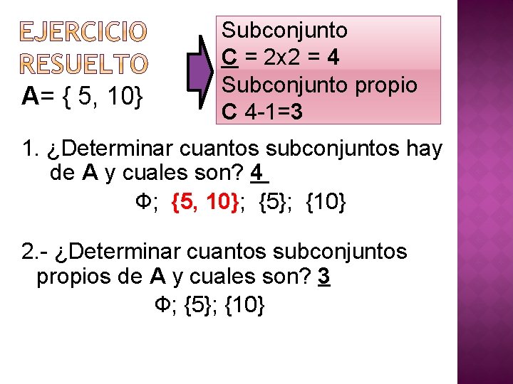 A= { 5, 10} Subconjunto C = 2 x 2 = 4 Subconjunto propio