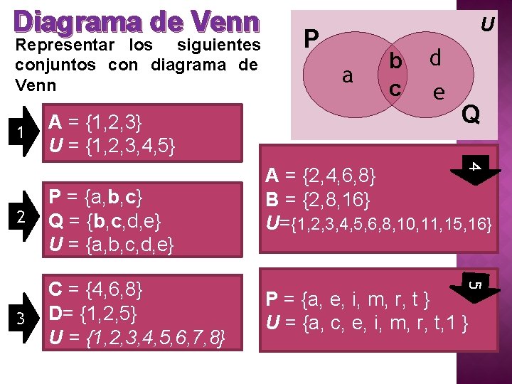 Diagrama de Venn Representar los siguientes conjuntos con diagrama de Venn 1 A =