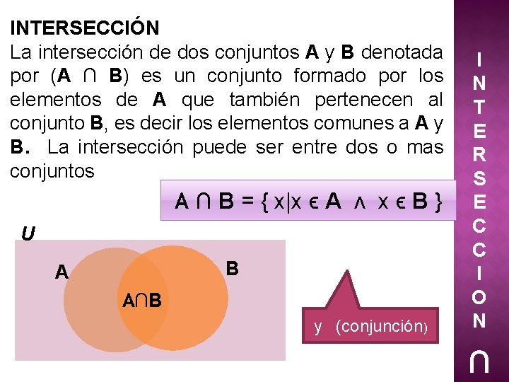 INTERSECCIÓN La intersección de dos conjuntos A y B denotada por (A ∩ B)