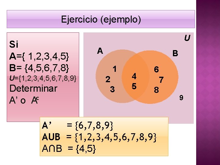 Ejercicio (ejemplo) Si A={ 1, 2, 3, 4, 5} B= {4, 5, 6, 7,