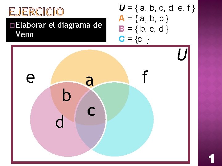 � Elaborar el diagrama de Venn U = { a, b, c, d, e,