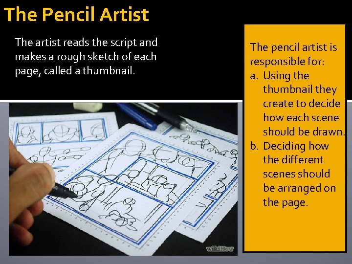 The Pencil Artist The artist reads the script and makes a rough sketch of