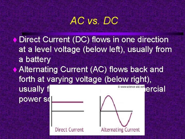 AC vs. DC Direct Current (DC) flows in one direction at a level voltage