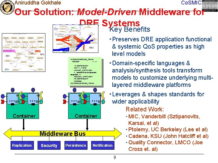 Aniruddha Gokhale Co. SMIC Our Solution: Model-Driven Middleware for DRE Systems Key Benefits •