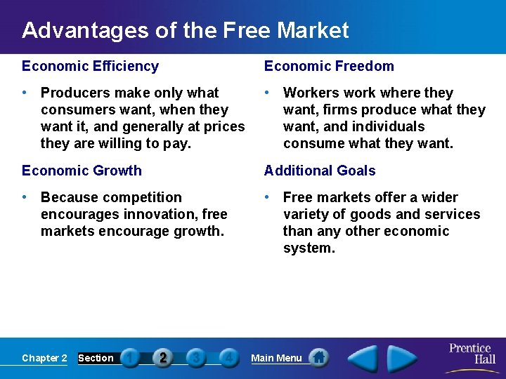 Advantages of the Free Market Economic Efficiency Economic Freedom • Producers make only what