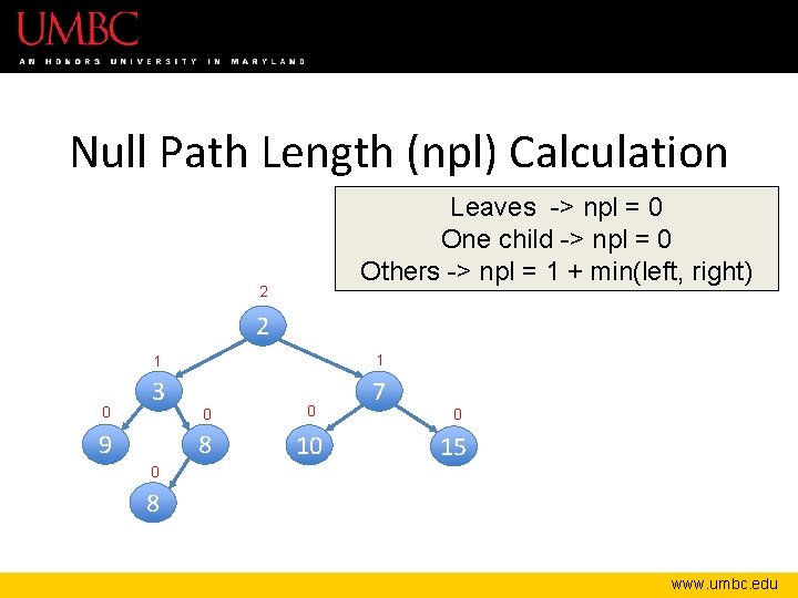 Null Path Length (npl) Calculation Leaves -> npl = 0 One child -> npl