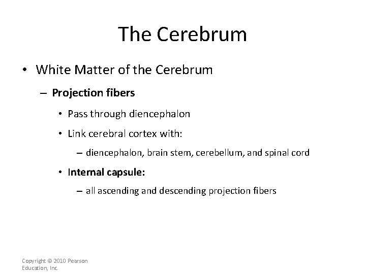 The Cerebrum • White Matter of the Cerebrum – Projection fibers • Pass through