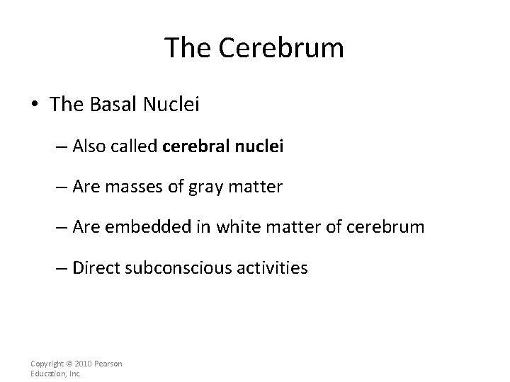 The Cerebrum • The Basal Nuclei – Also called cerebral nuclei – Are masses