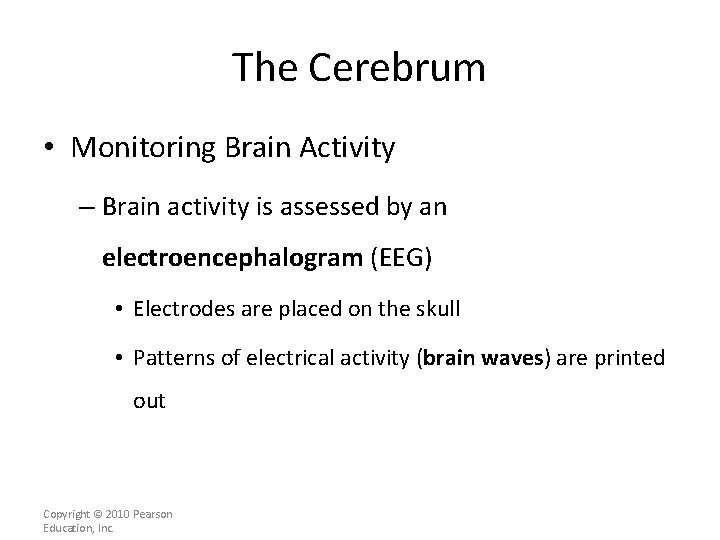 The Cerebrum • Monitoring Brain Activity – Brain activity is assessed by an electroencephalogram