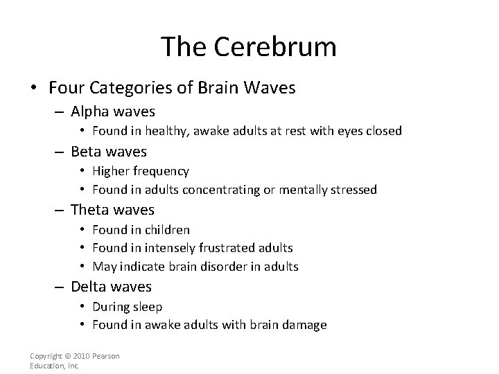 The Cerebrum • Four Categories of Brain Waves – Alpha waves • Found in