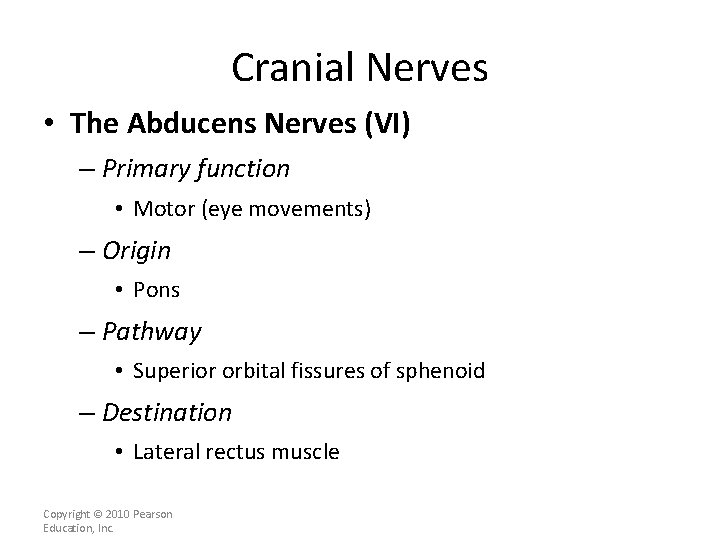 Cranial Nerves • The Abducens Nerves (VI) – Primary function • Motor (eye movements)