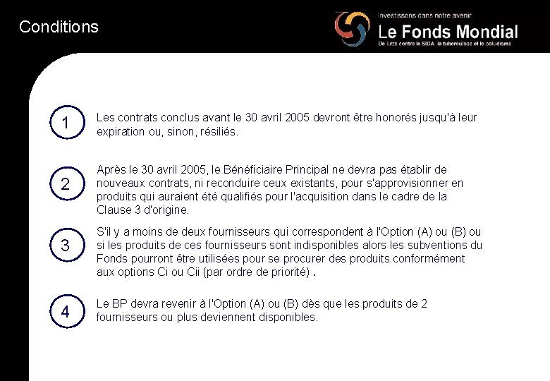 Conditions 1 2 3 4 Les contrats conclus avant le 30 avril 2005 devront