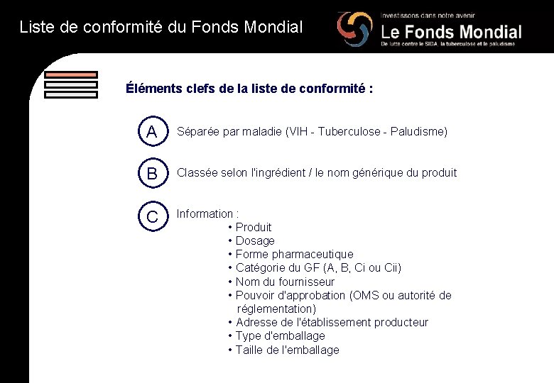 Liste de conformité du Fonds Mondial Éléments clefs de la liste de conformité :