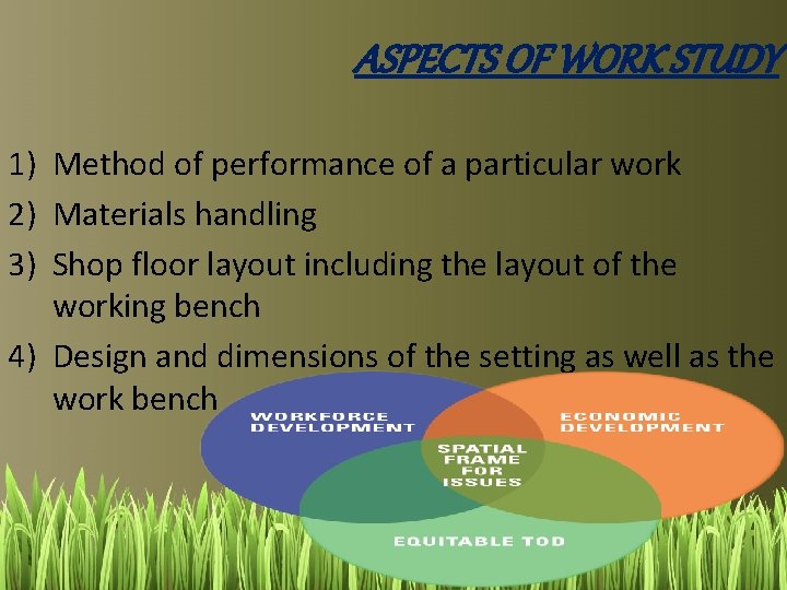 ASPECTS OF WORK STUDY 1) Method of performance of a particular work 2) Materials