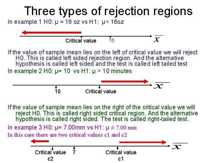 Three types of rejection regions In example 1 H 0: µ = 16 oz